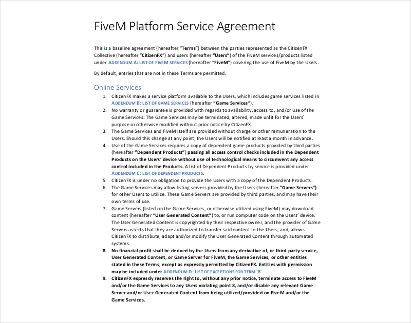 platform service agreement