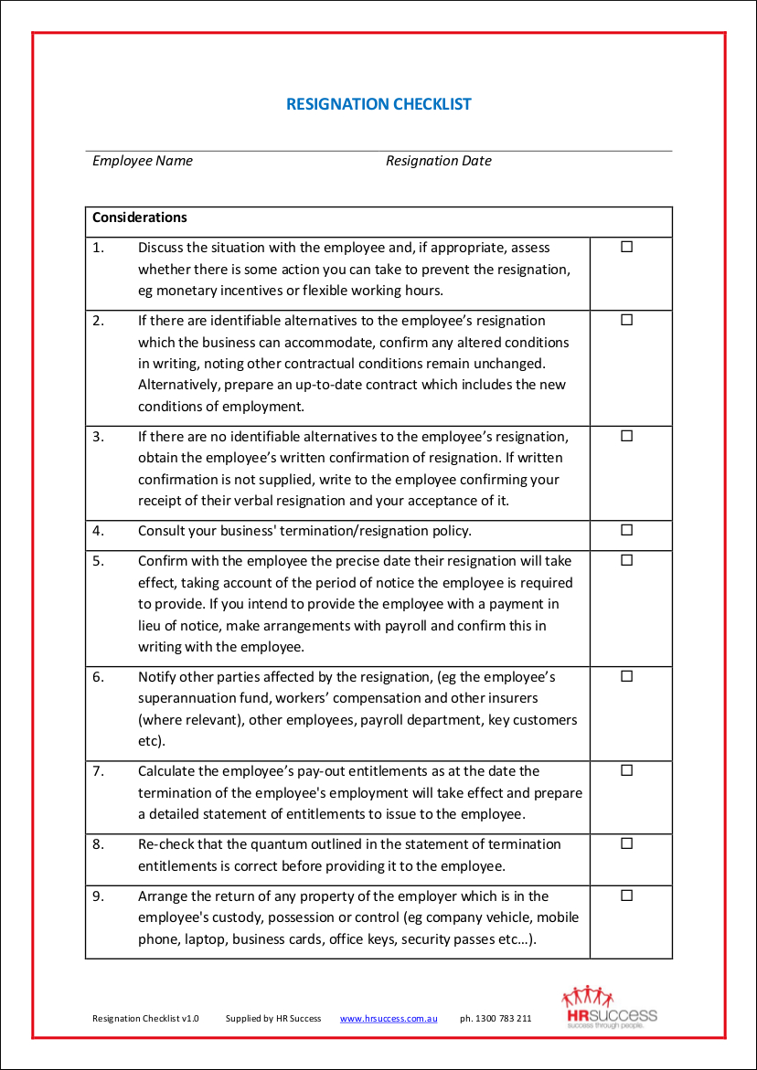 Printable Resignation Checklist Example