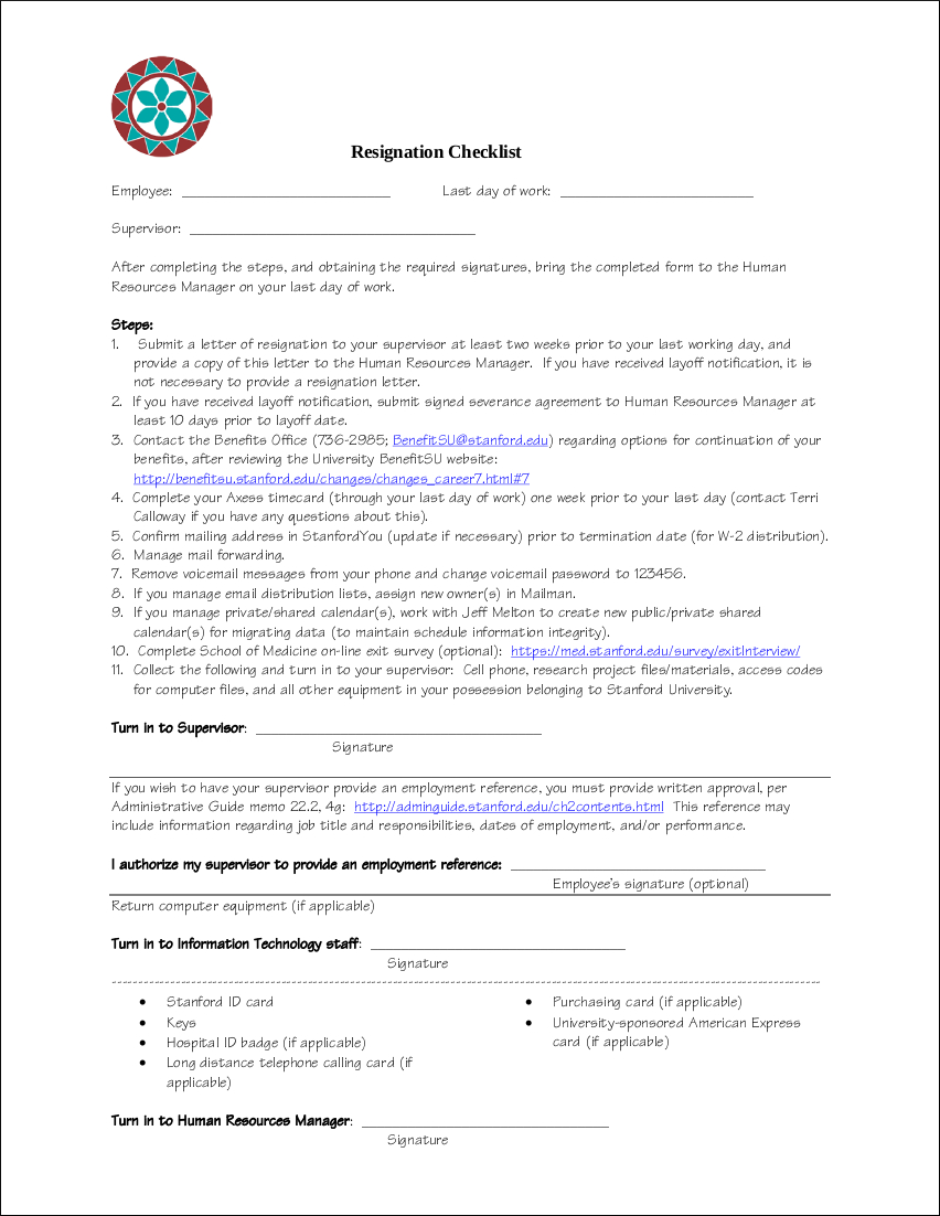 Resignation Checklist Example