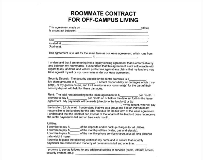 Roommate Contract for Off Campus living
