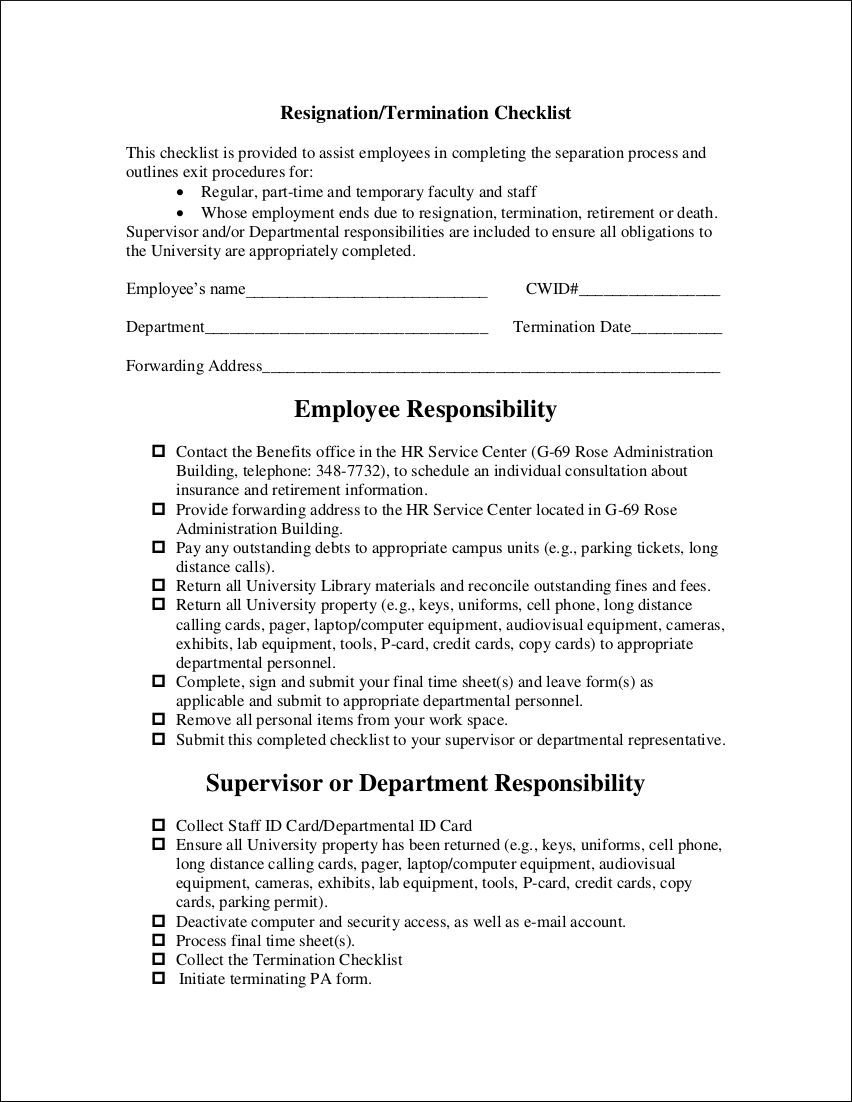 Sample ResignationTermination Checklist