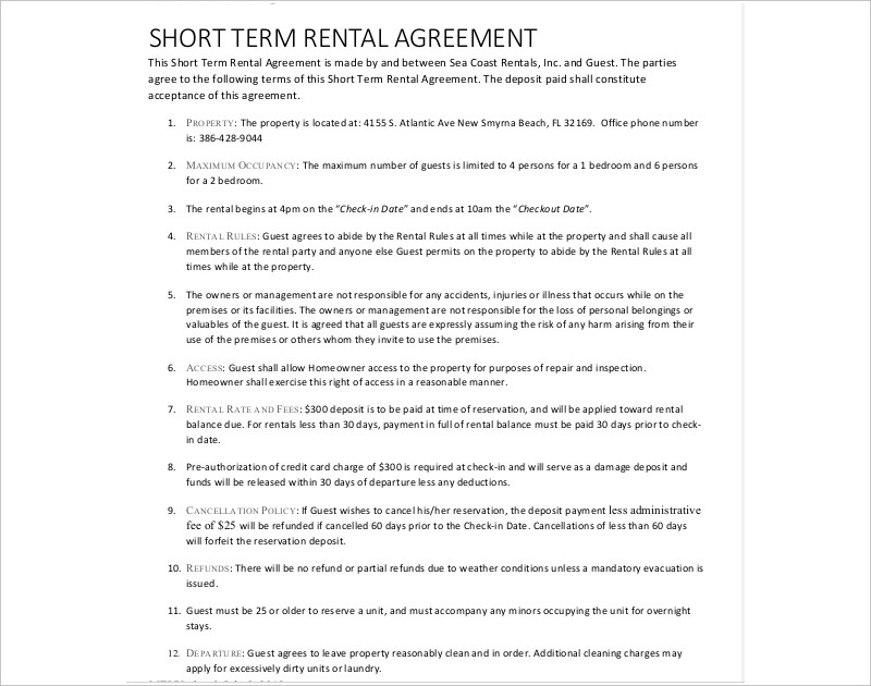 short term rental agreement