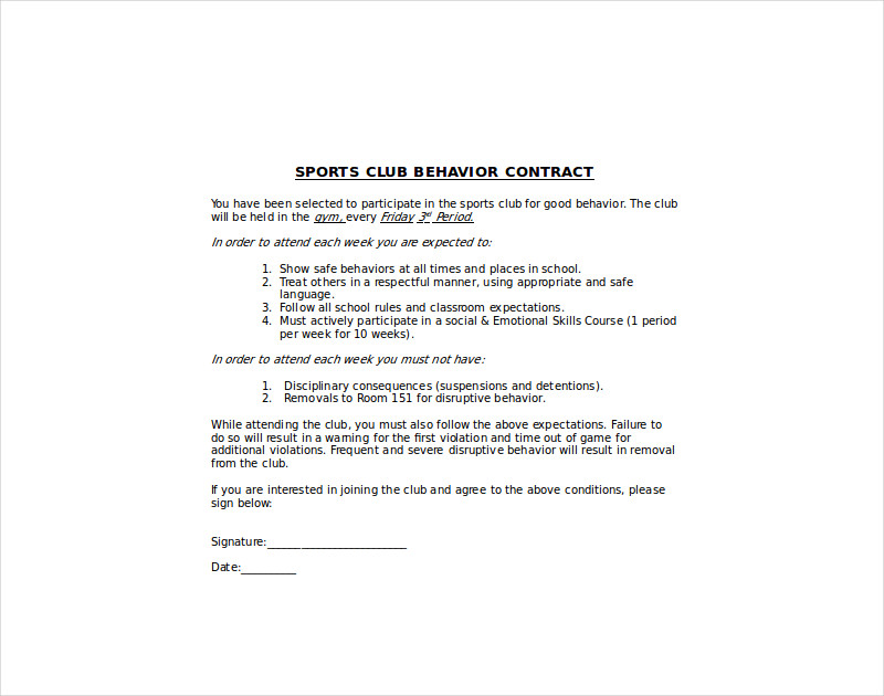 Sports Club Behavior Contract