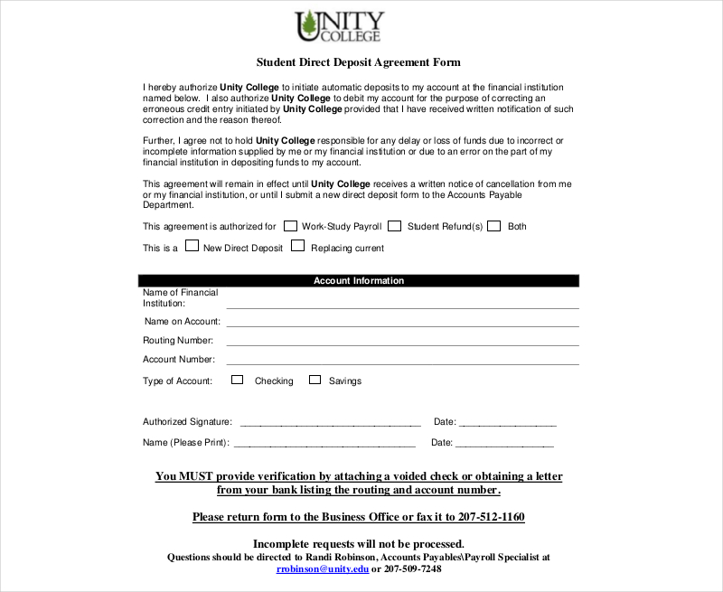 student direct deposit agreement form