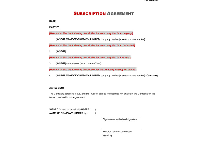 subscription agreement sample