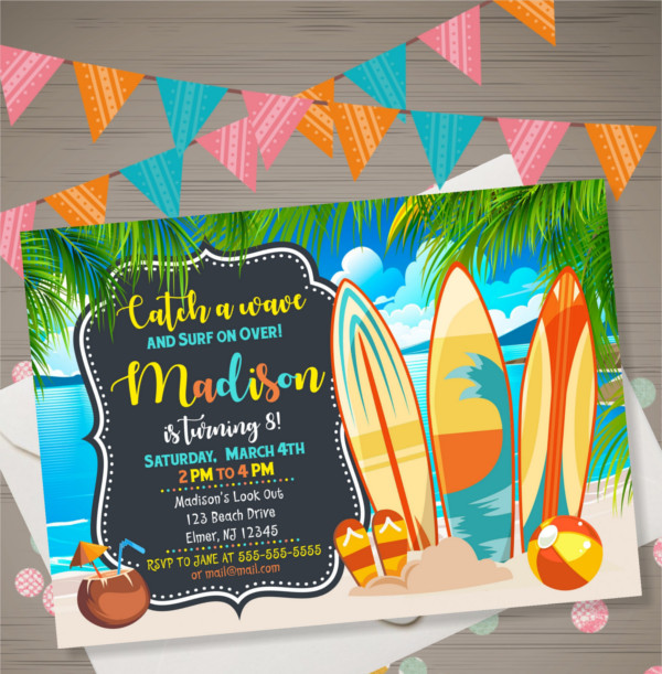 surfboard beach party invitation