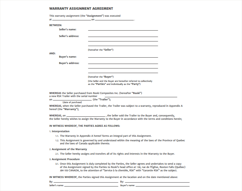 Warranty Assignment Agreement