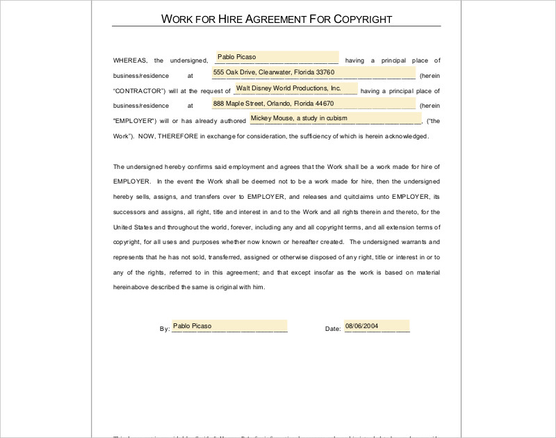 work for hire agreement printable