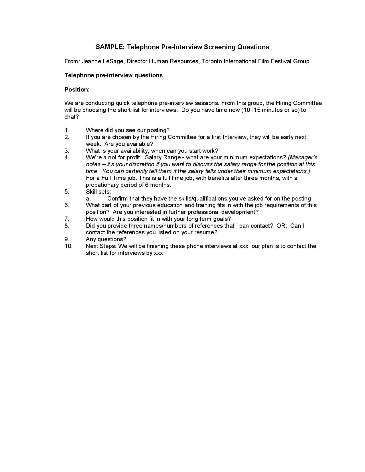 Interview Screening Questions Template