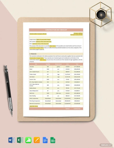 Construction Bid Checklist Template