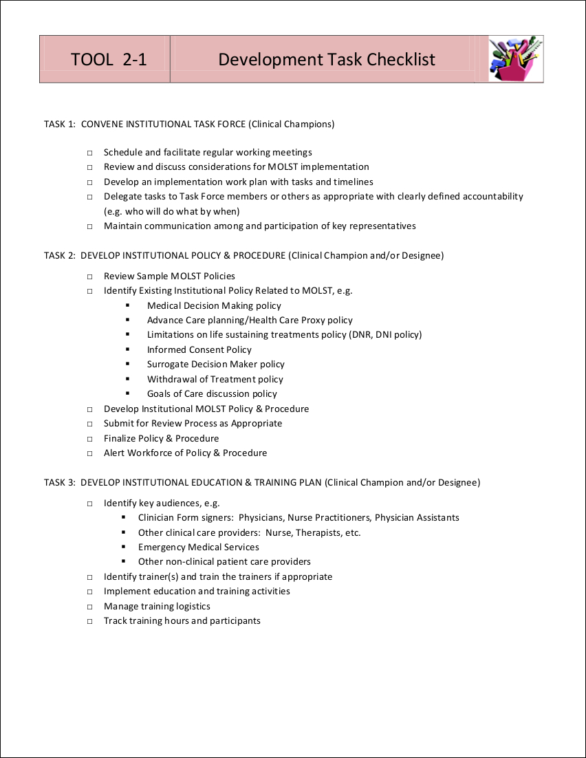 development task checklist example