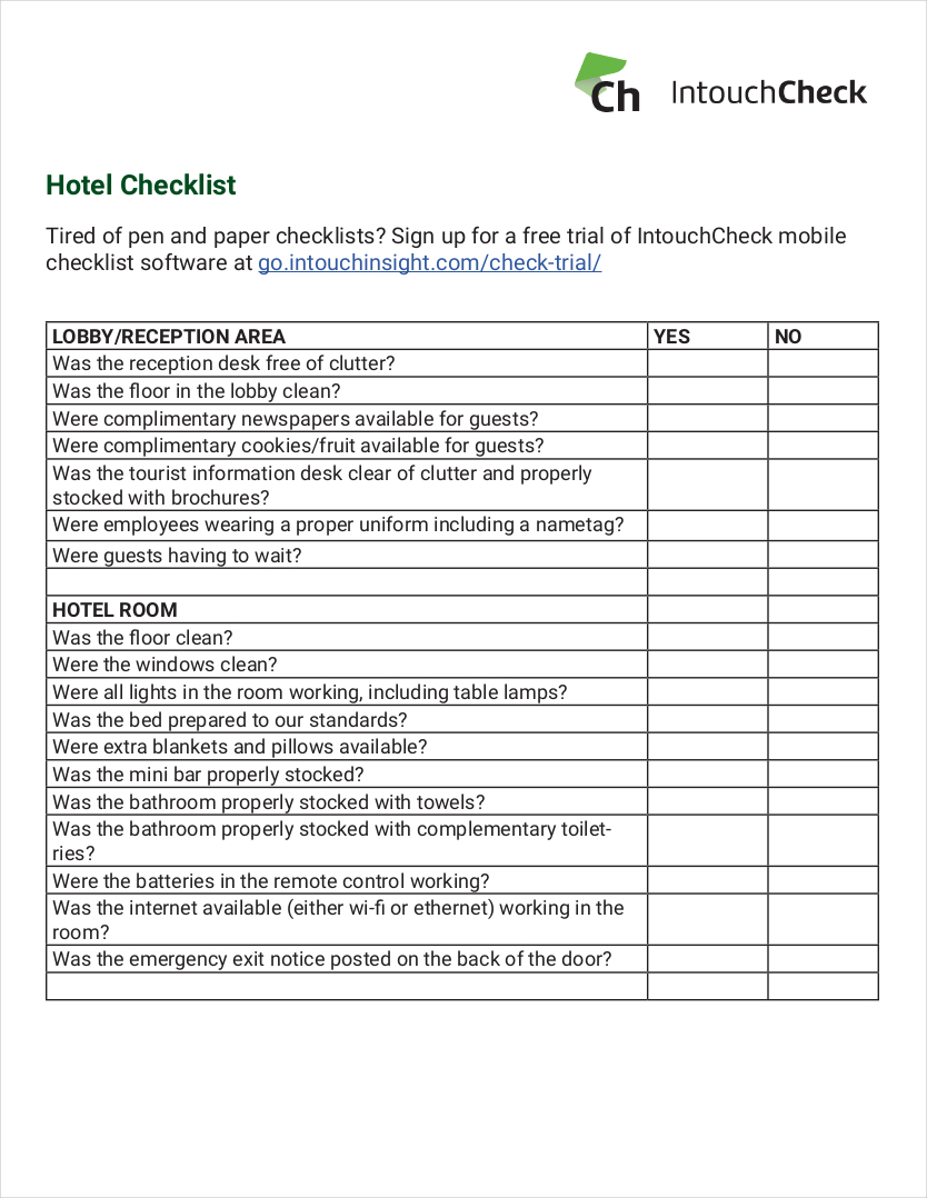 Printable Hotel Maintenance Checklist