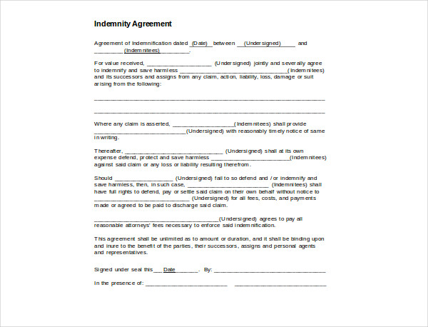 Indemnity Agreement 7 Examples Format Pdf 7122