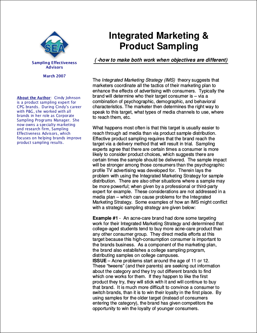 integrated brand marketing and product sampling