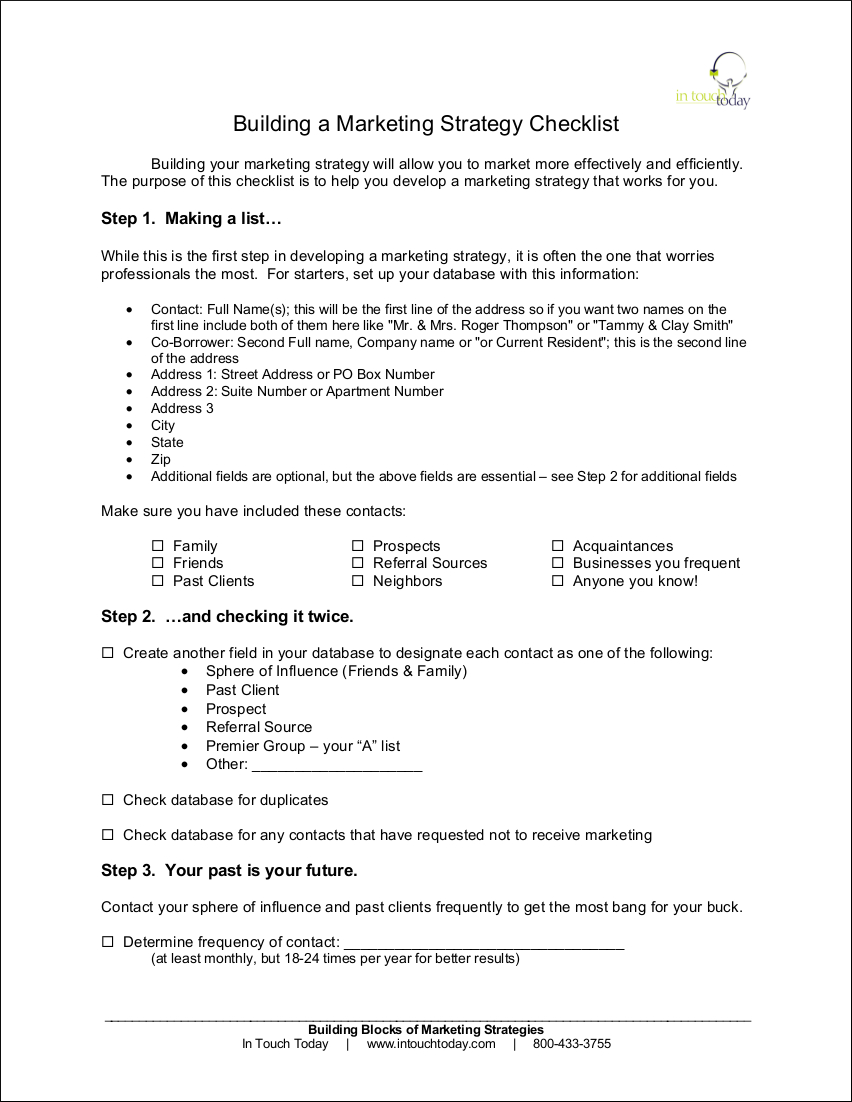 marketing strategy checklist sample format