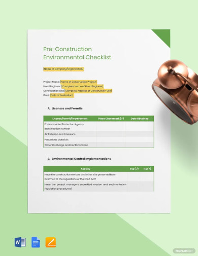 Pre Construction Environmental Checklist Template