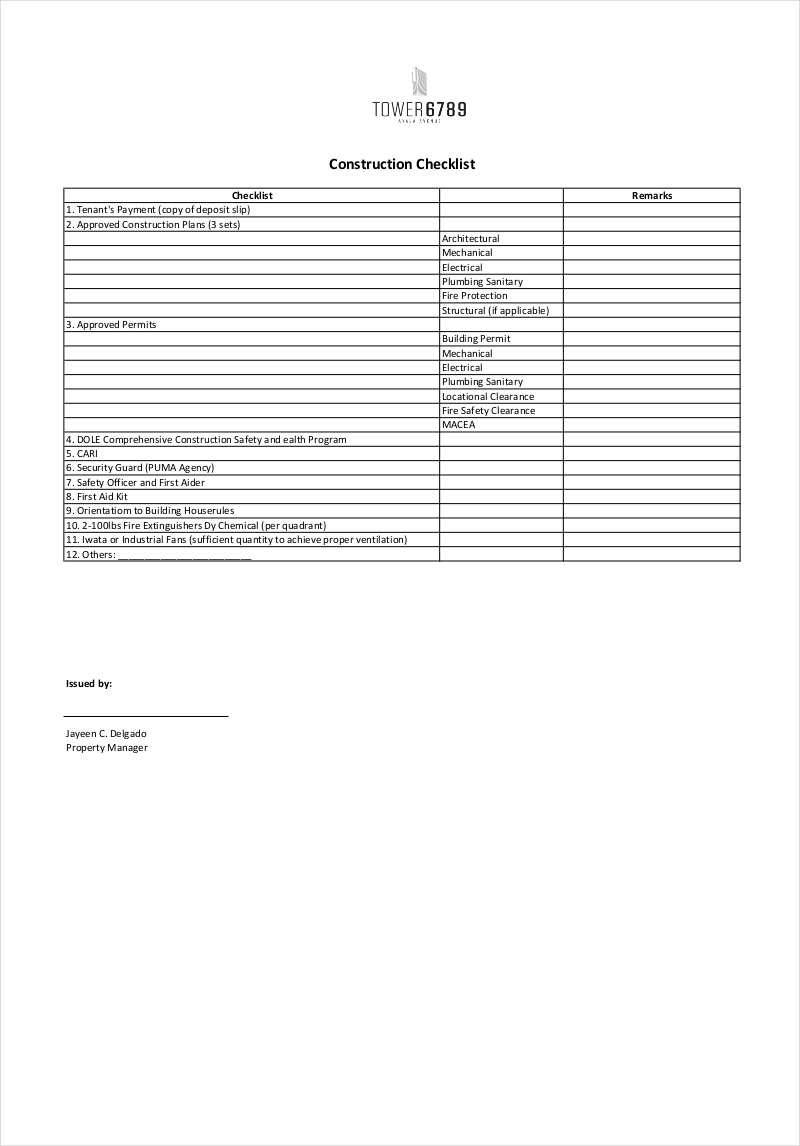 printable construction checklist sample1