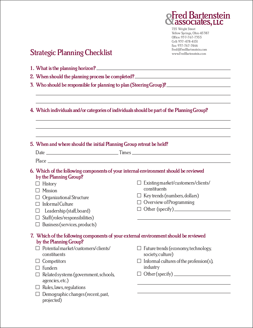 printable strategic planning checklist sample