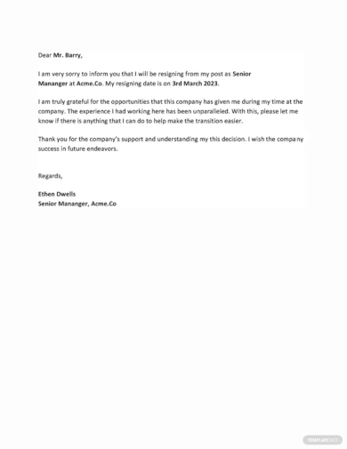 resignation letter to company template