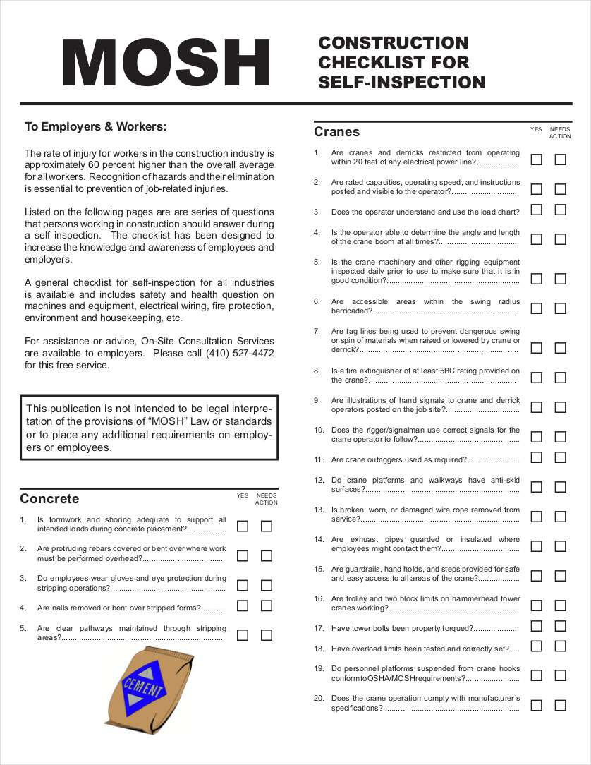 sample construction checklist for self inspection