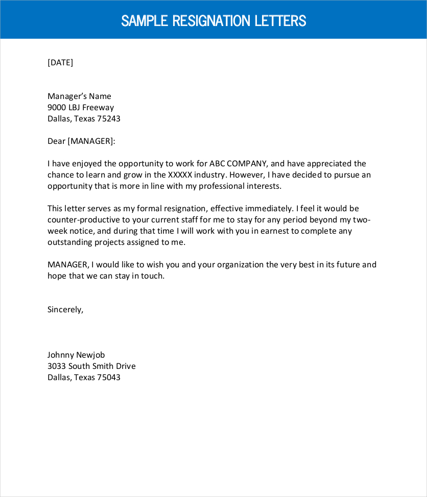 resignation letter sample