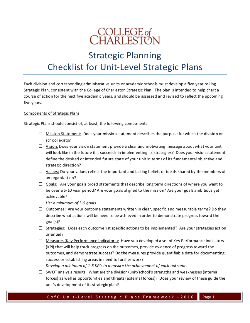 strategic planning checklist for unitlevel strategic plans