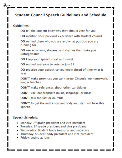 student council speech guidelines and schedule