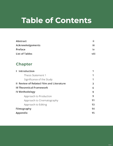 thesis table of contents template