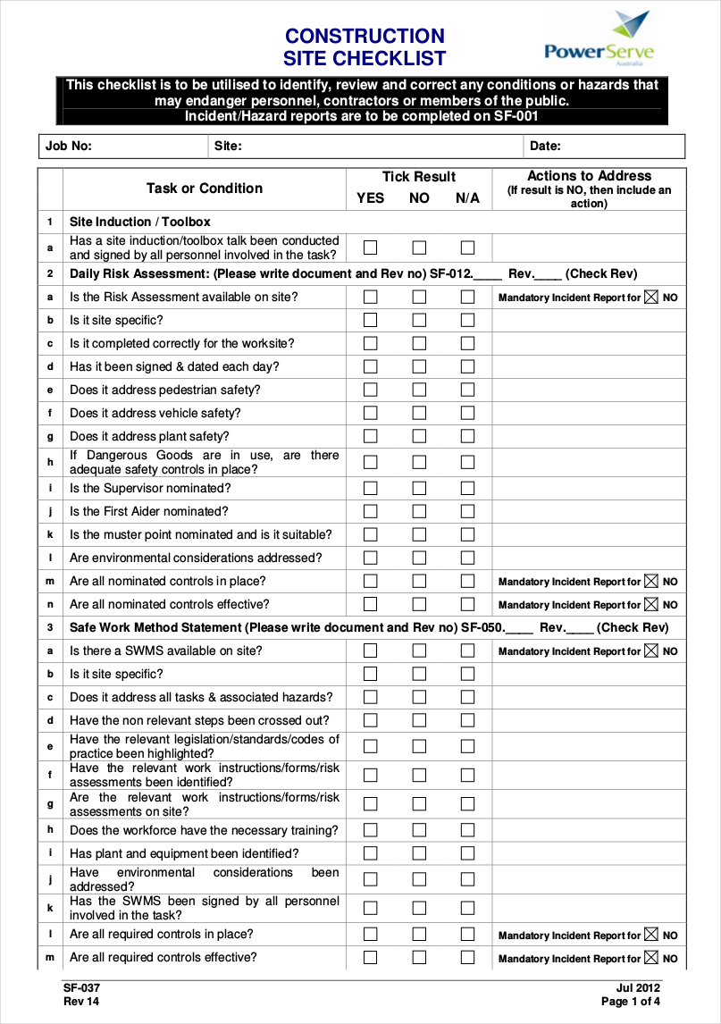 weekly construction site checklist example