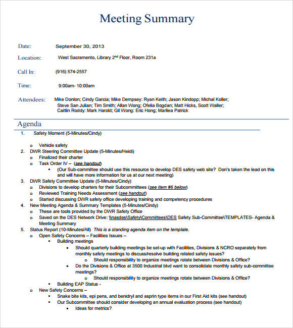 Meeting Summary Examples, Format, Pdf Examples