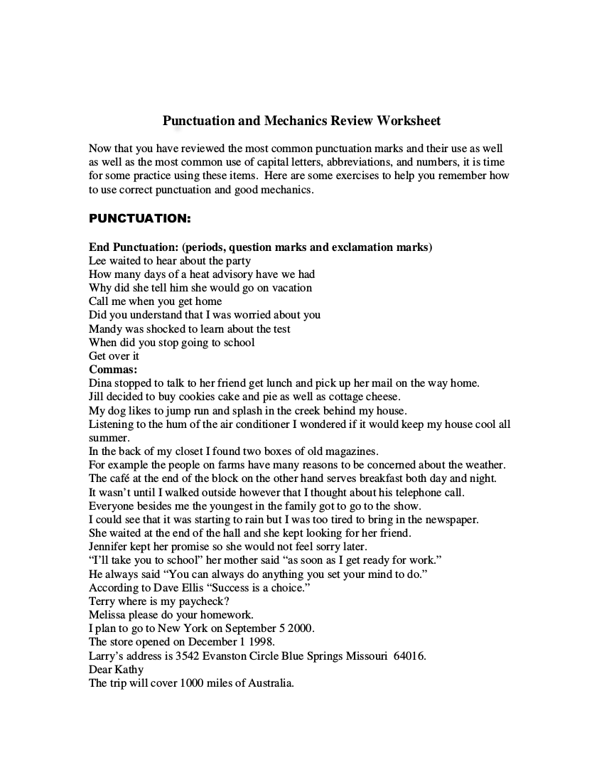 Punctuation Worksheet 10 Examples Format Pdf Examples