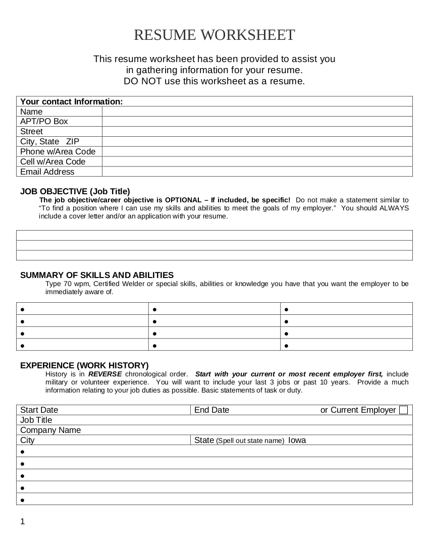 22+ Resume Worksheet Examples in PDF  Examples Regarding Resume Worksheet For Adults
