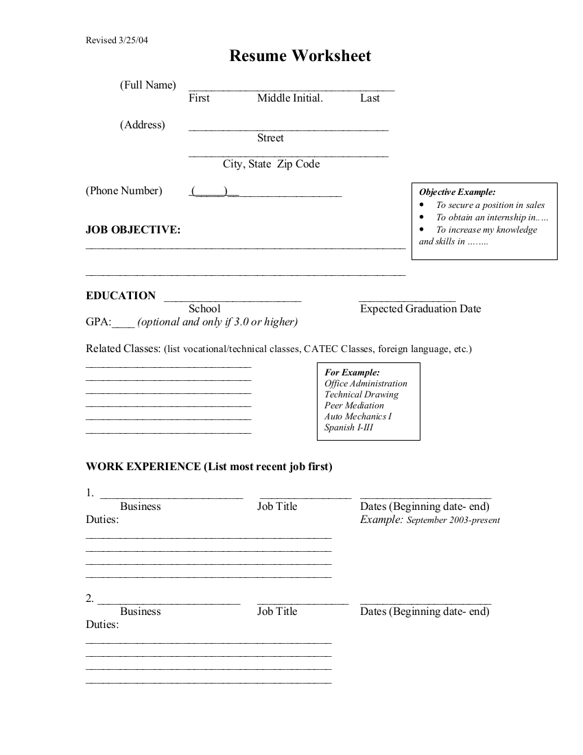 Resume Worksheet 10+ Examples, Format, Pdf