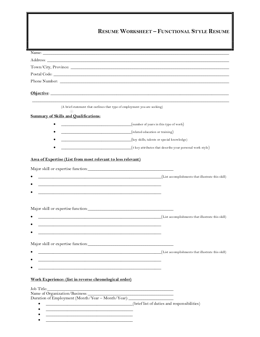 Free Printable Resume Worksheet Printable World Holiday