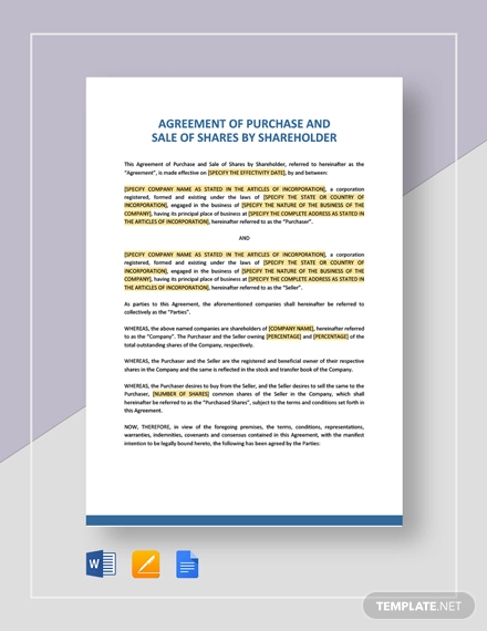 Agreement Of Purchase And Sale Of Shares By Shareholder 
