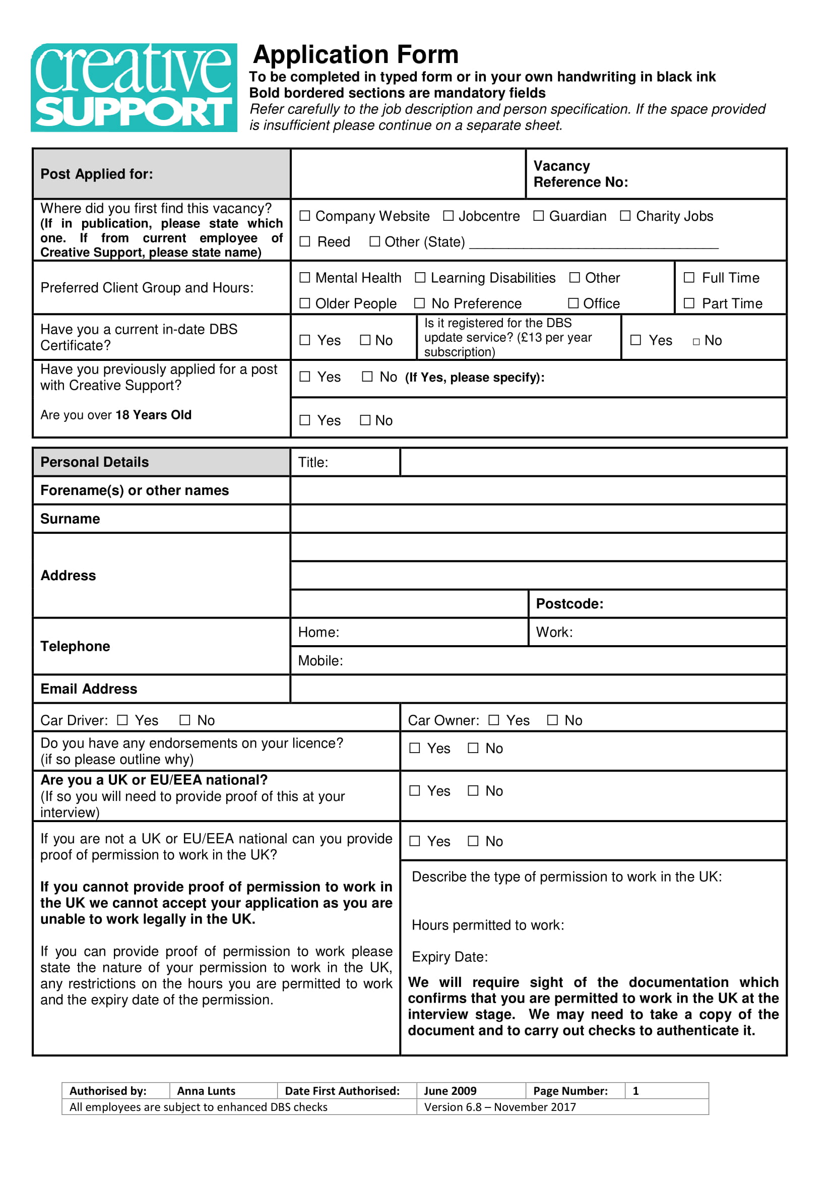 Sample job application forms filled