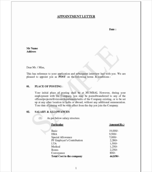 Job Appointment Letter Template Download