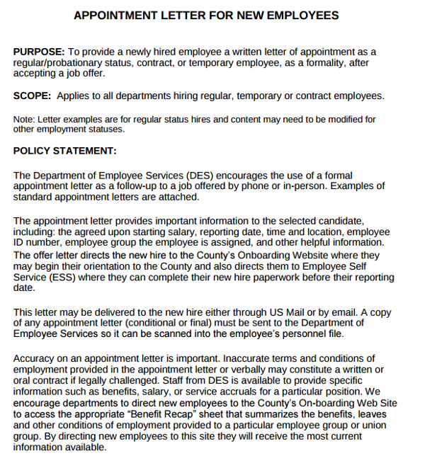Examples On Job Appointment Letter For New Employees Pdf