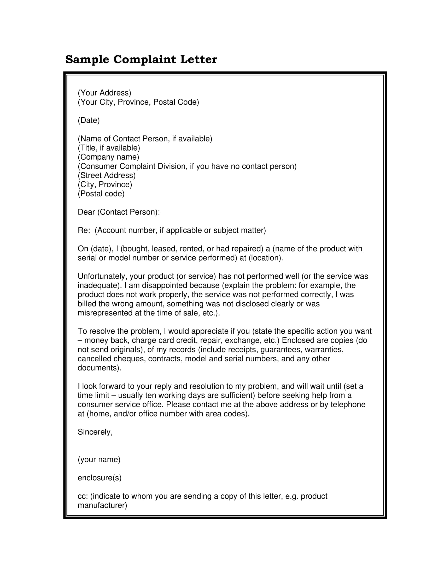 application letter format complaint