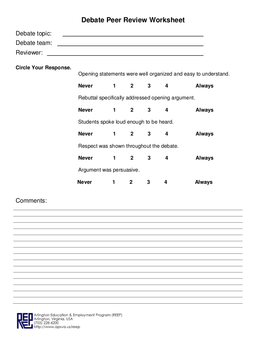 Debate Peer Review Worksheet Example