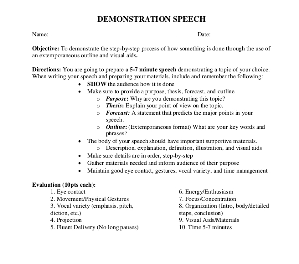 demonstrative speech outline sample