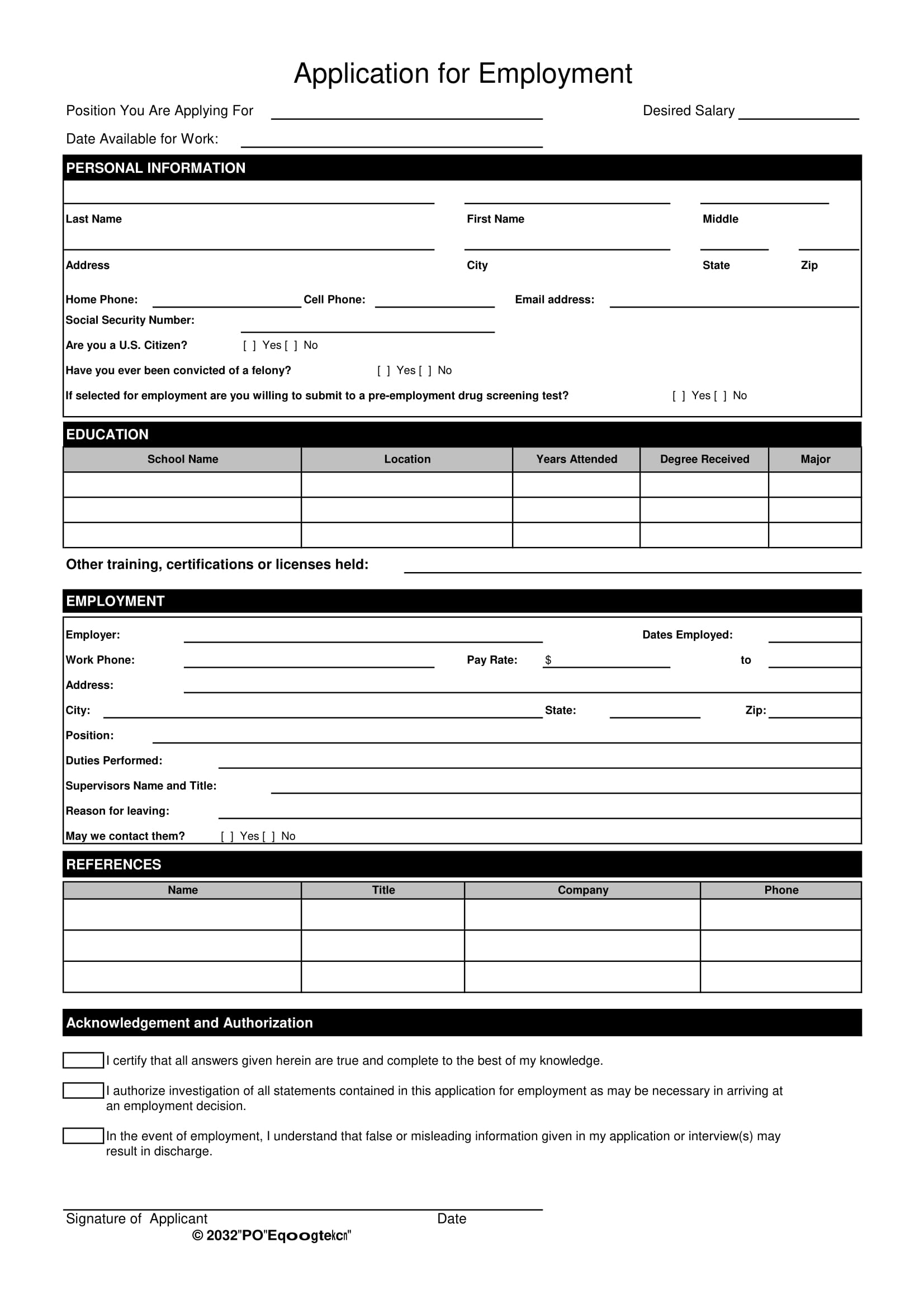 Standard Job Application Form Printable PDF