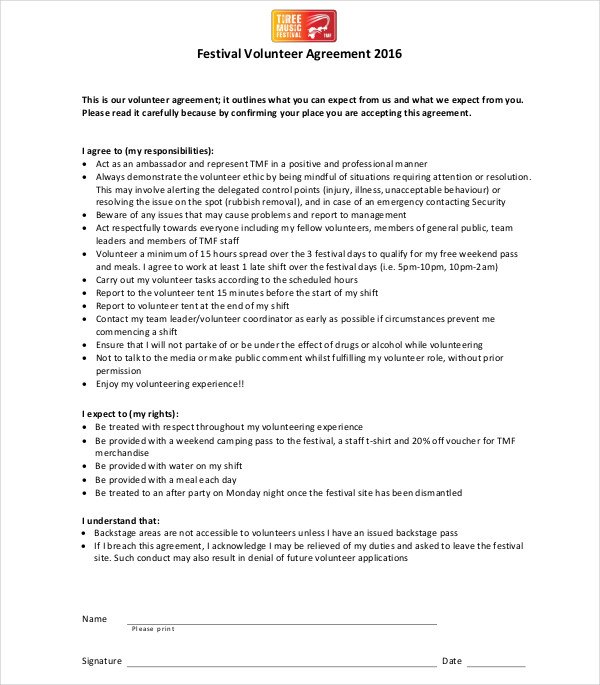 festival volunteer agreement