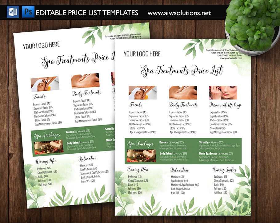 Green Spa Price List or Menu