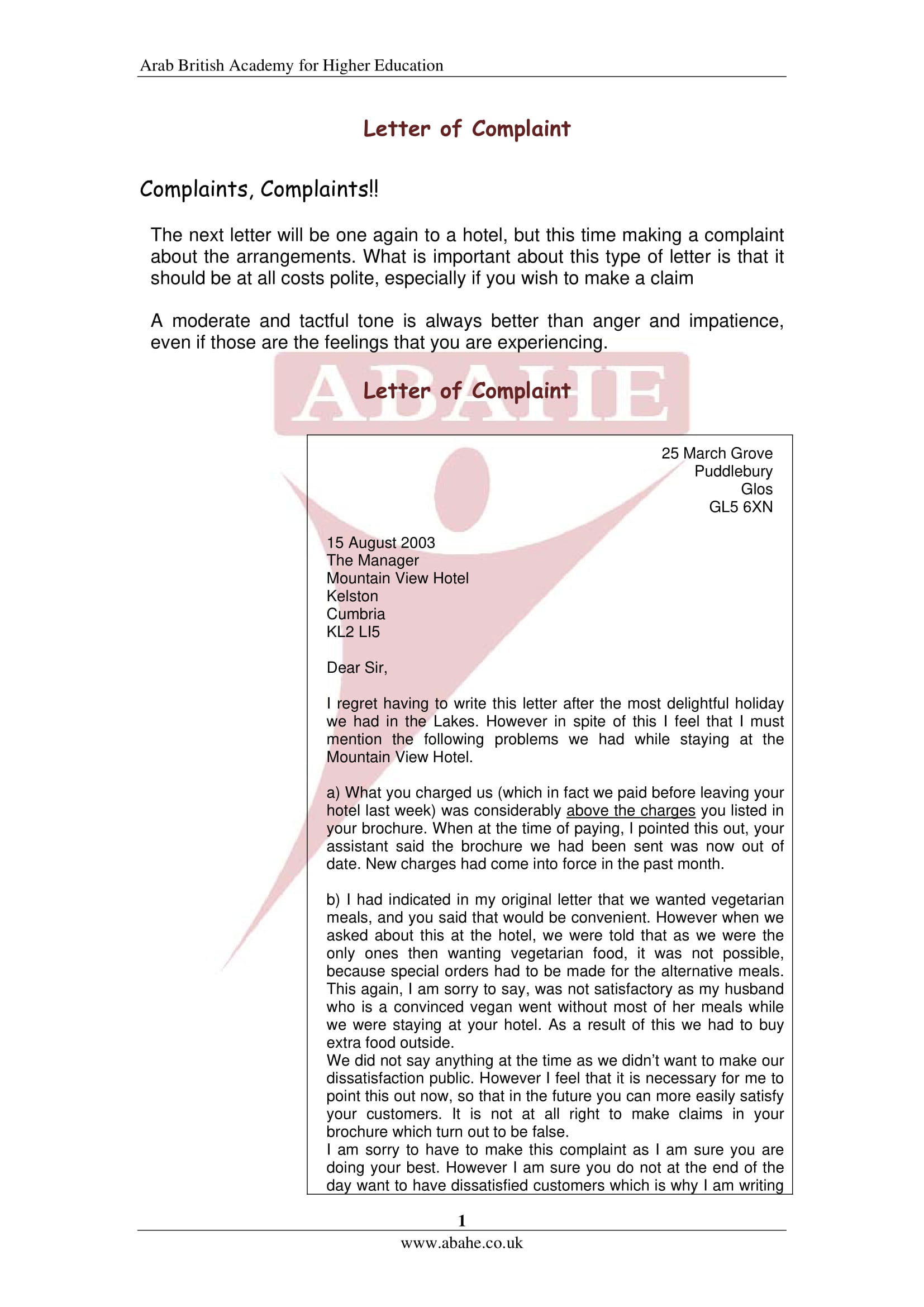 complaint letter class 10 pdf