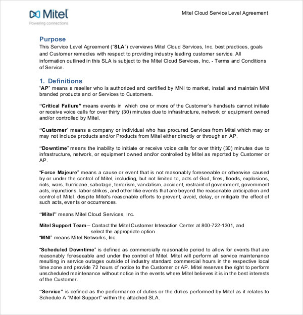 mitel cloud service level agreement