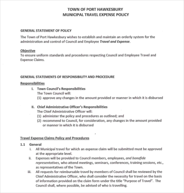 Travel Expense Policy 7+ Examples, Format, Pdf