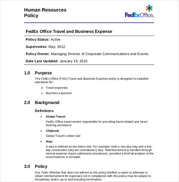 Travel Expense Policy 7+ Examples, Format, Pdf