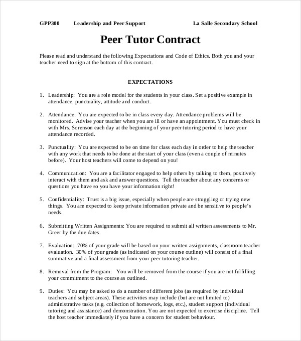 peer tutor contract