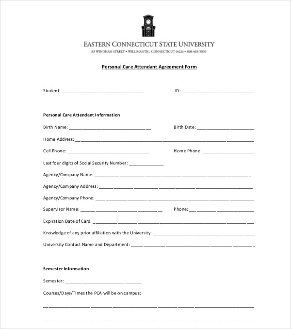 personal care attendant agreement form